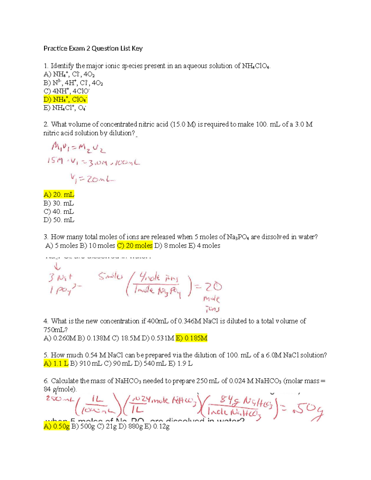 Exam 2 Practice Questions & Key for Chemistry 101 - Studocu