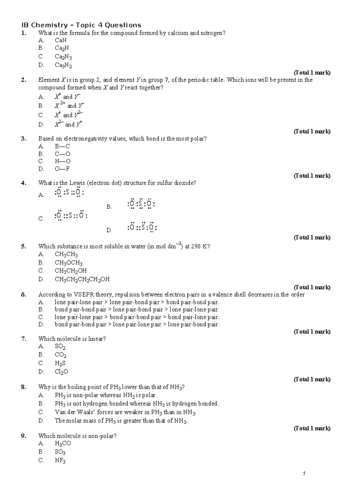 Topic+4+Practice+Questions - IB Chemistry – Topic 4 Questions What is ...