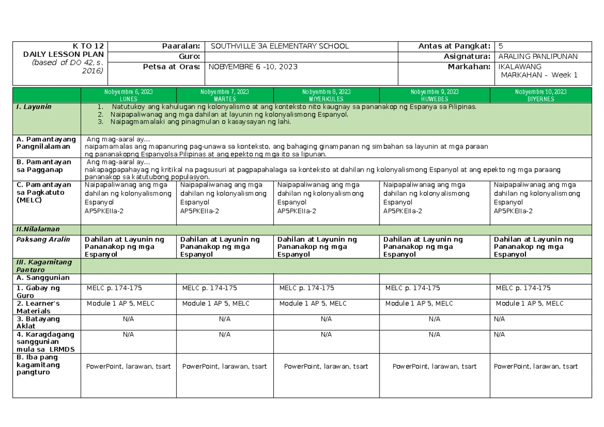 DLL-Q2 WEEK 2 AP 5 - Araling Panlipunan Daily Lesson Plan - Studocu