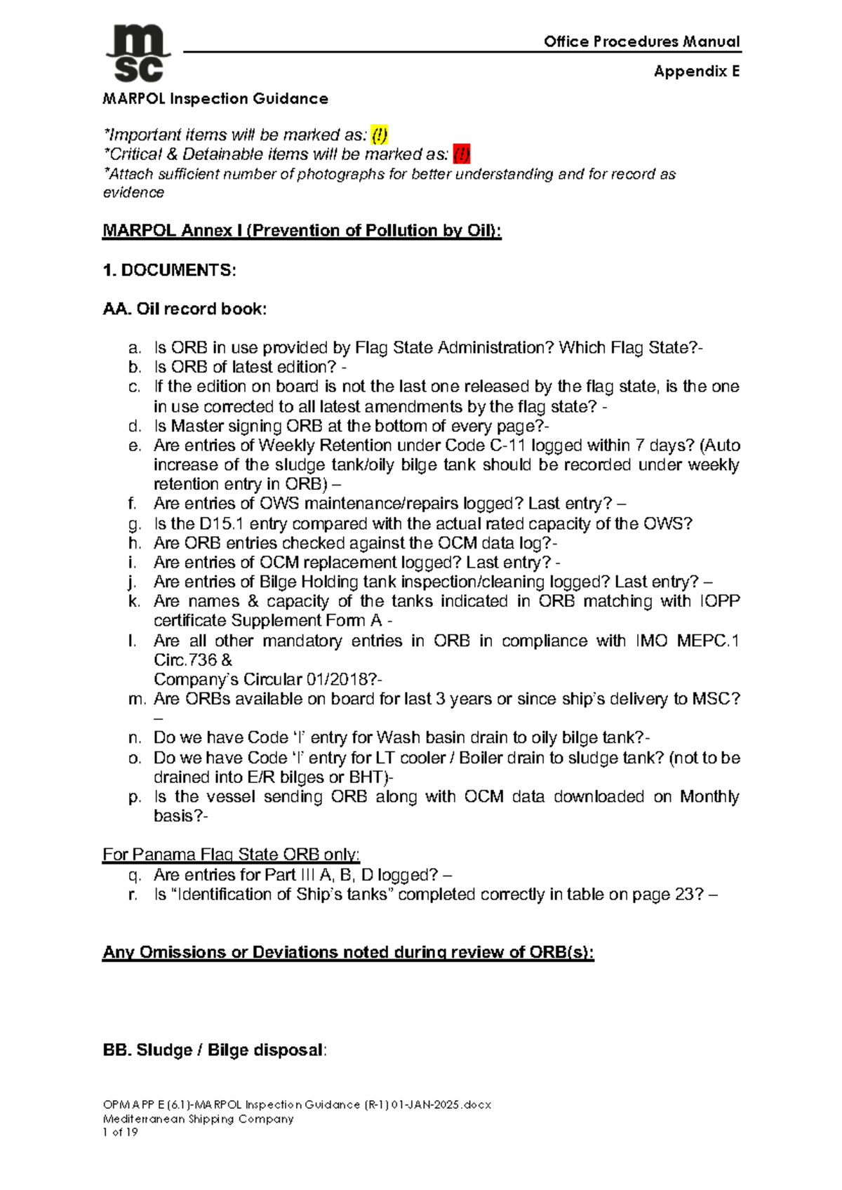 MARPOL Inspection Guidance - Office Procedures Manual Appendix E - Studocu