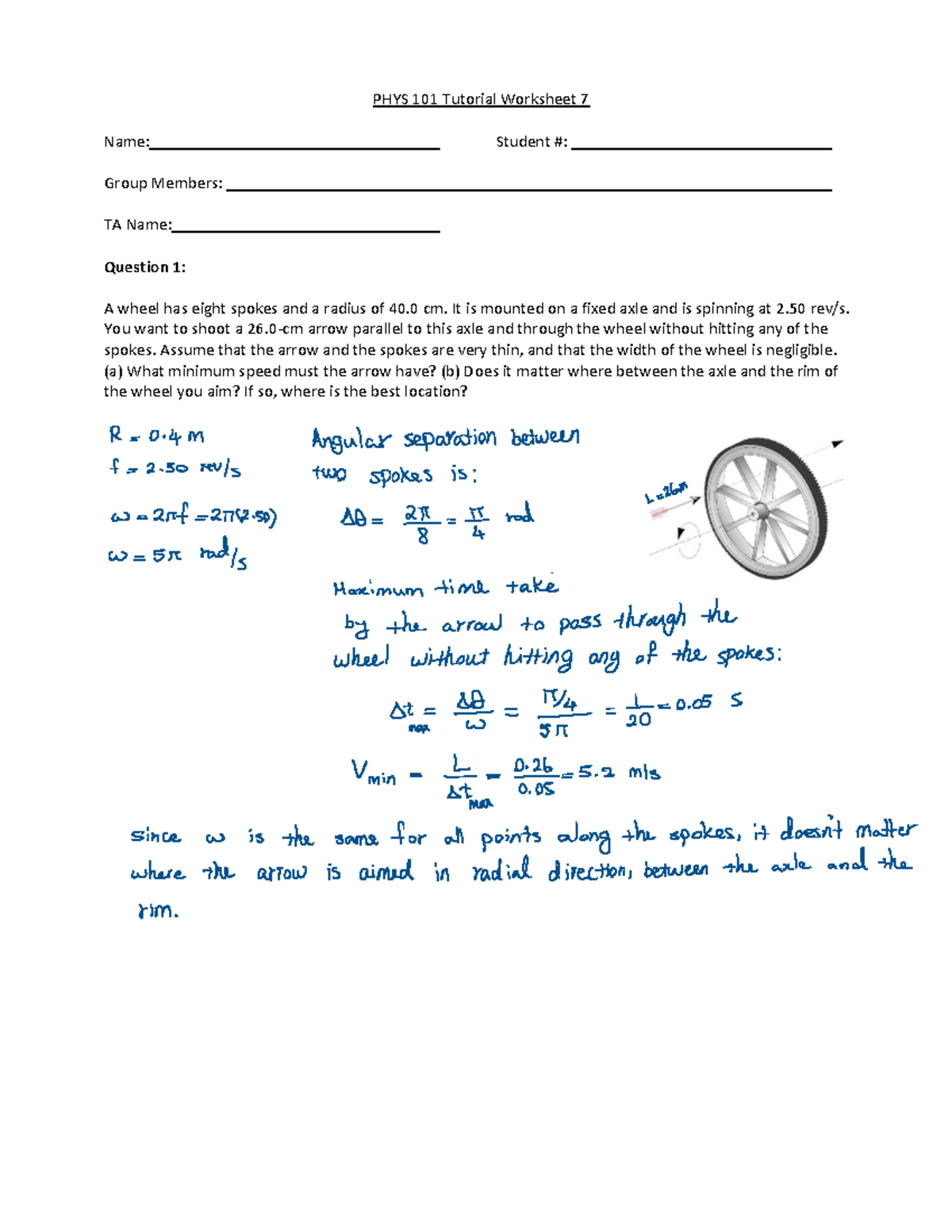 Tutorial 7 Solutions - PHYS 101 Tutorial Worksheet 7 Name: Student ...