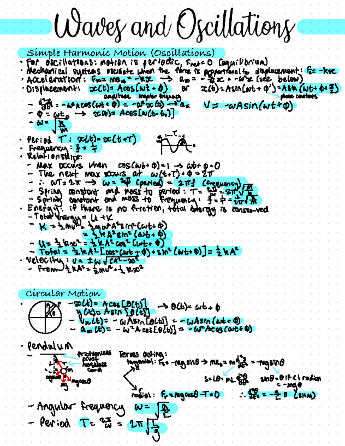 Thermal and Waves Notes for Physics 101: Simple Harmonic Motion - Studocu