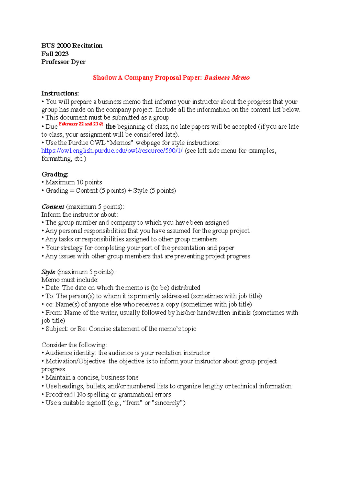 BUS 2000 Shadow A Company Proposal Memo - Fall 2023 Update - Studocu