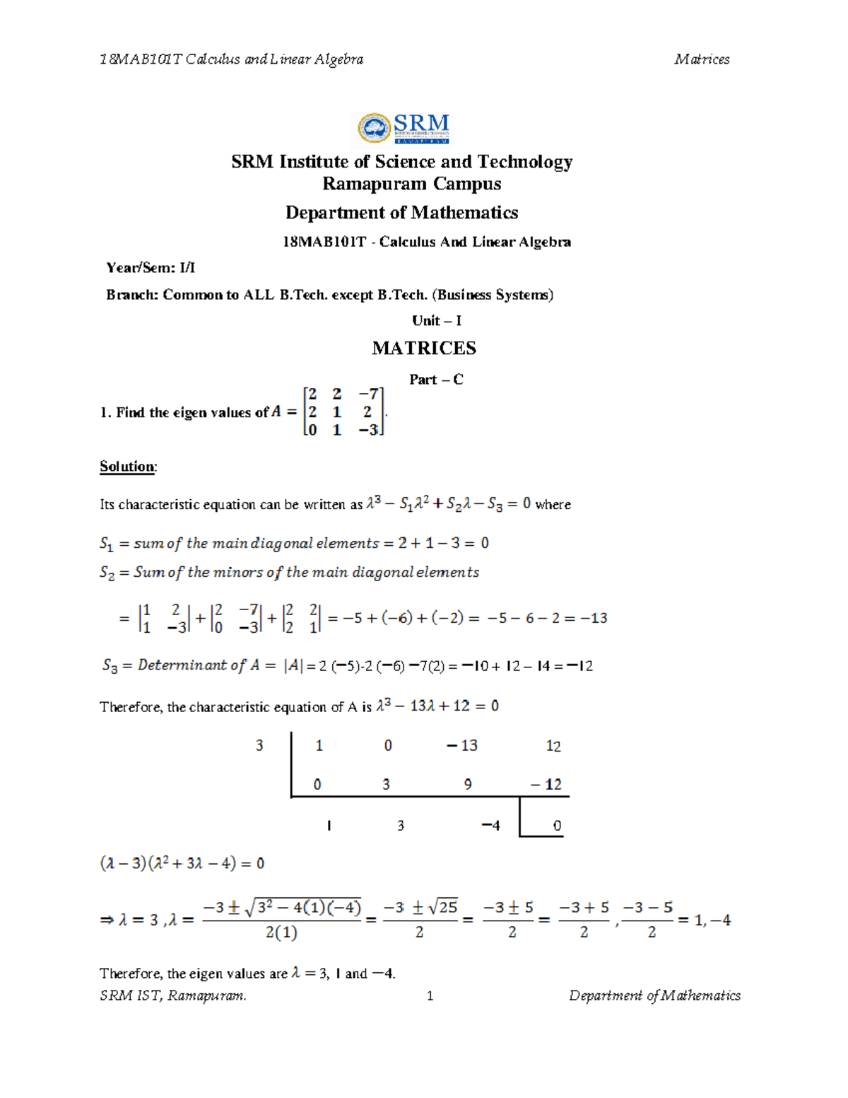 18MAB101T Final Exam Maths Long Questions - 1st Semester - Studocu