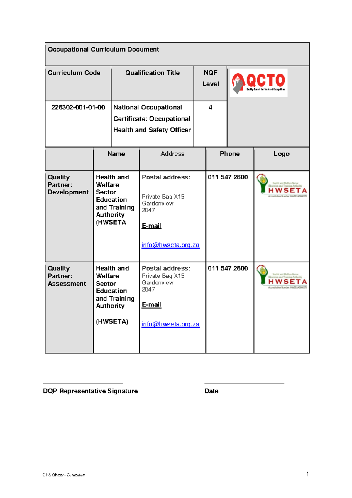 OHS Officer Curriculum Document: NQF Level 4 Qualification Overview ...