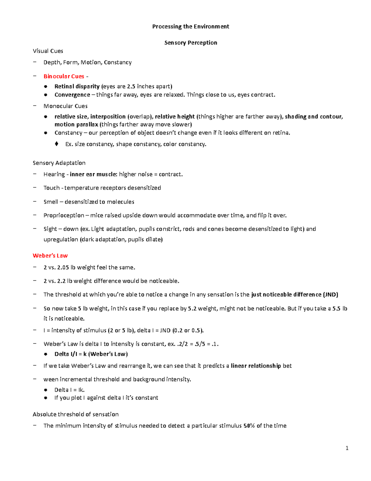 MCAT Psych - KA P S - Sensory Perception and Processing Notes - Studocu