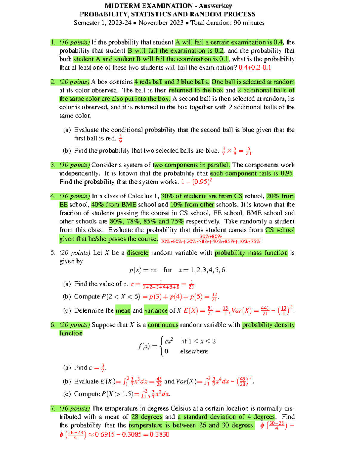 MIDTERM EXAM ANSWER KEY MA026IU PROBABILITY & STATISTICS - Studocu