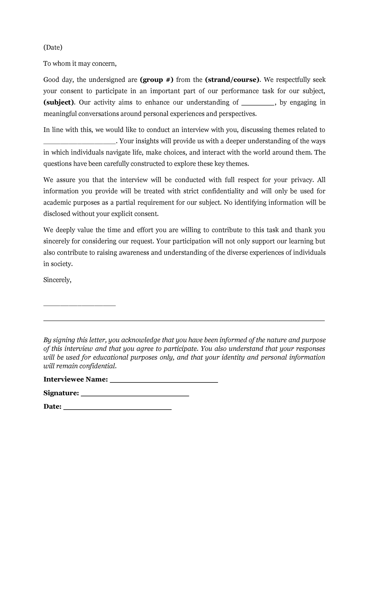 Interview Consent Form Template for (Subject) Performance Task - Studocu