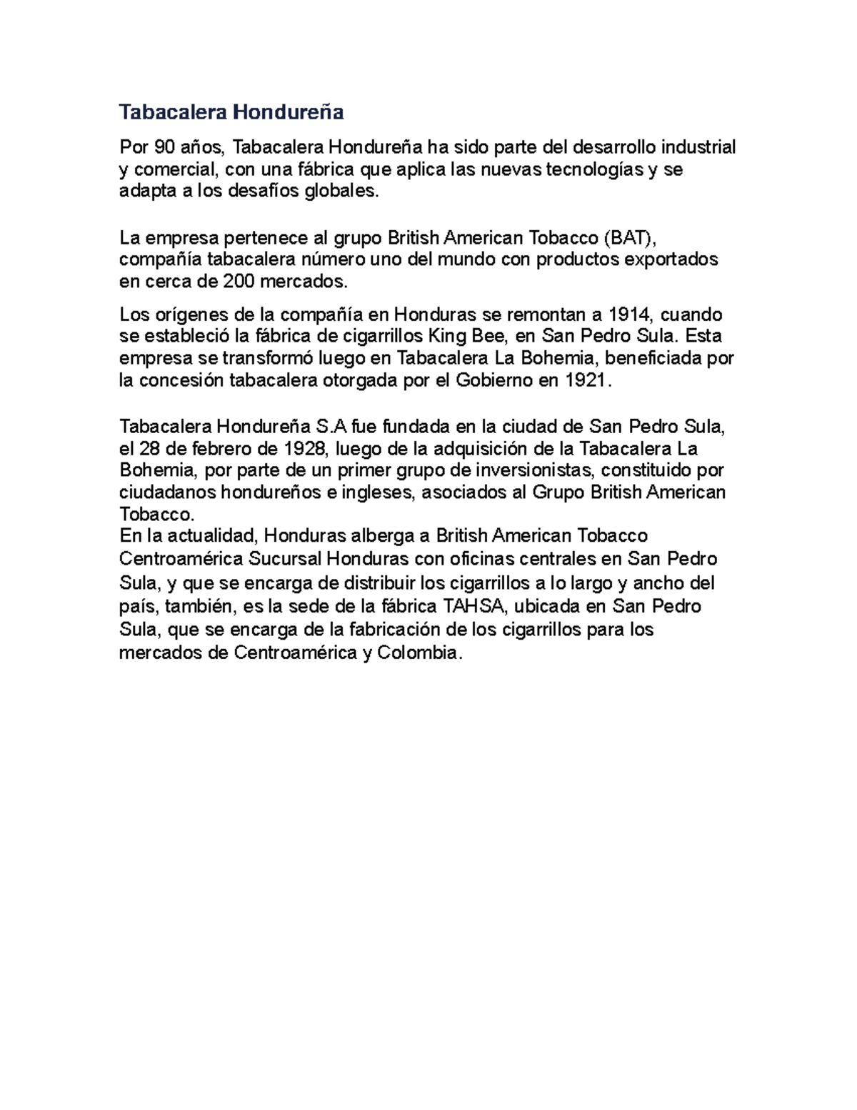 Resumen sobre Tabacalera Hondureña y su Historia Empresarial - Studocu