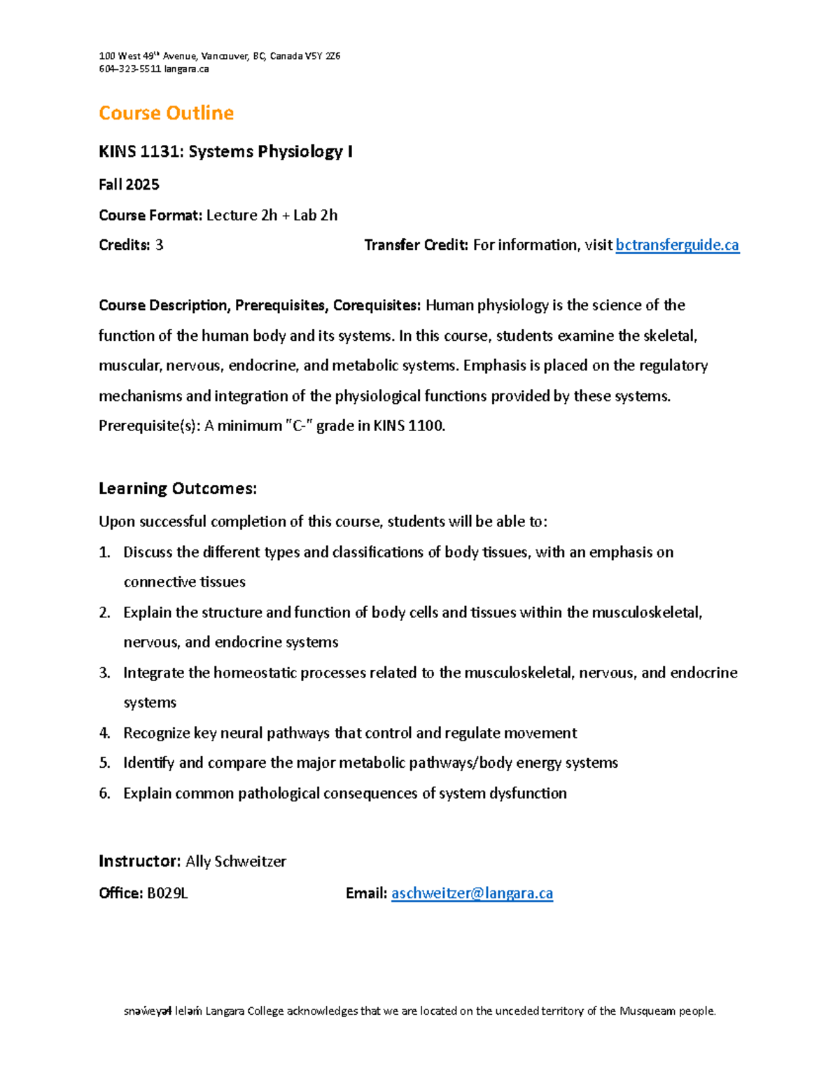 KINS 1131 Course Outline: Systems Physiology I - Fall 2025 - Studocu
