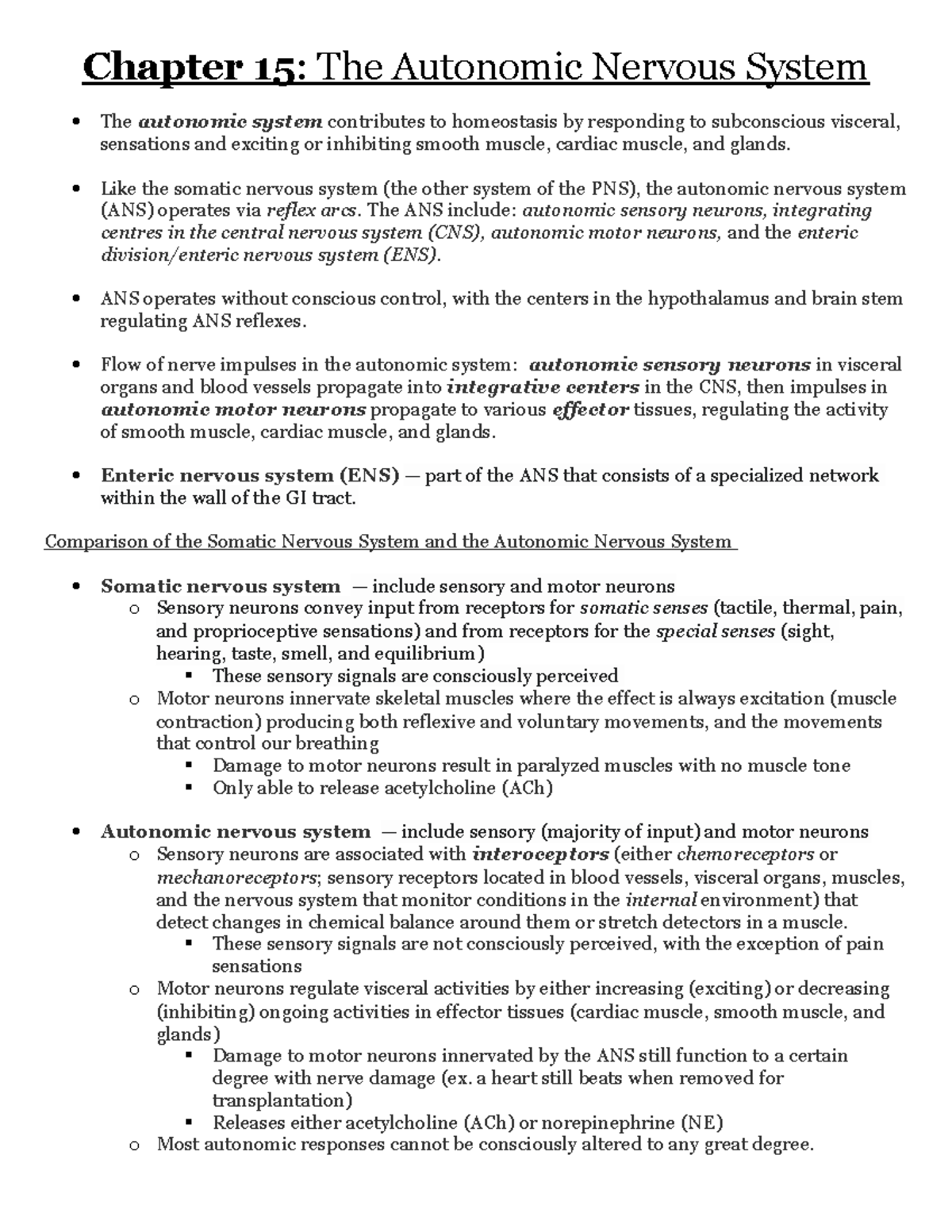 Chapter 15 Study Notes: The Autonomic Nervous System Overview - Studocu