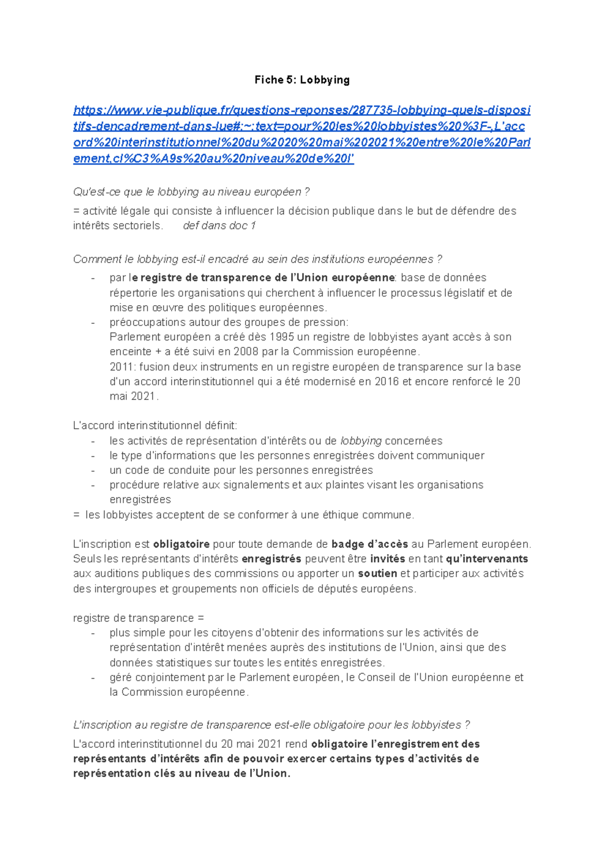 TD5 Lobbying: Analyse du Cadre Règlementaire Européen - Studocu