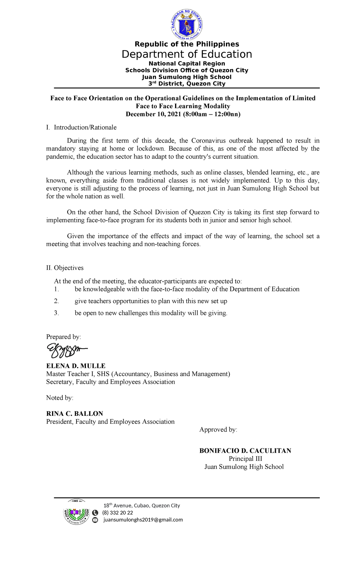 Face to Face Orientation on the Operational Guidelines on the ...