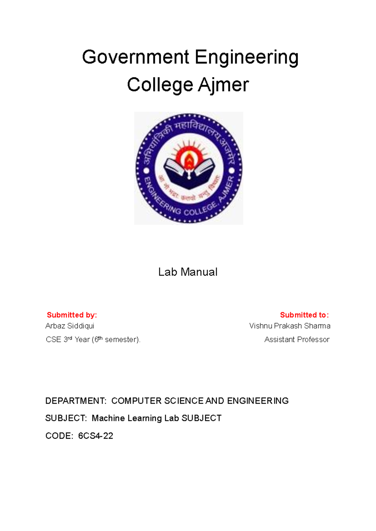 ML Lab Practical File - 6CS4: Machine Learning Experiments Document ...