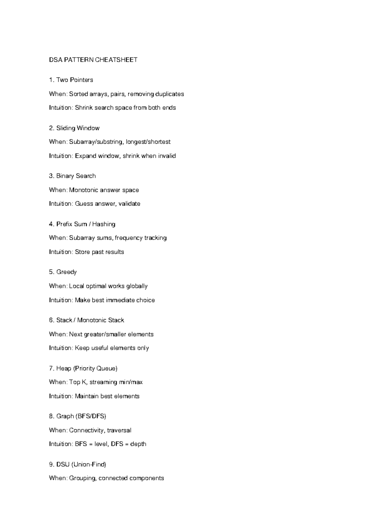 DSA Cheatsheet: Key Patterns and Techniques for Problem Solving - Studocu