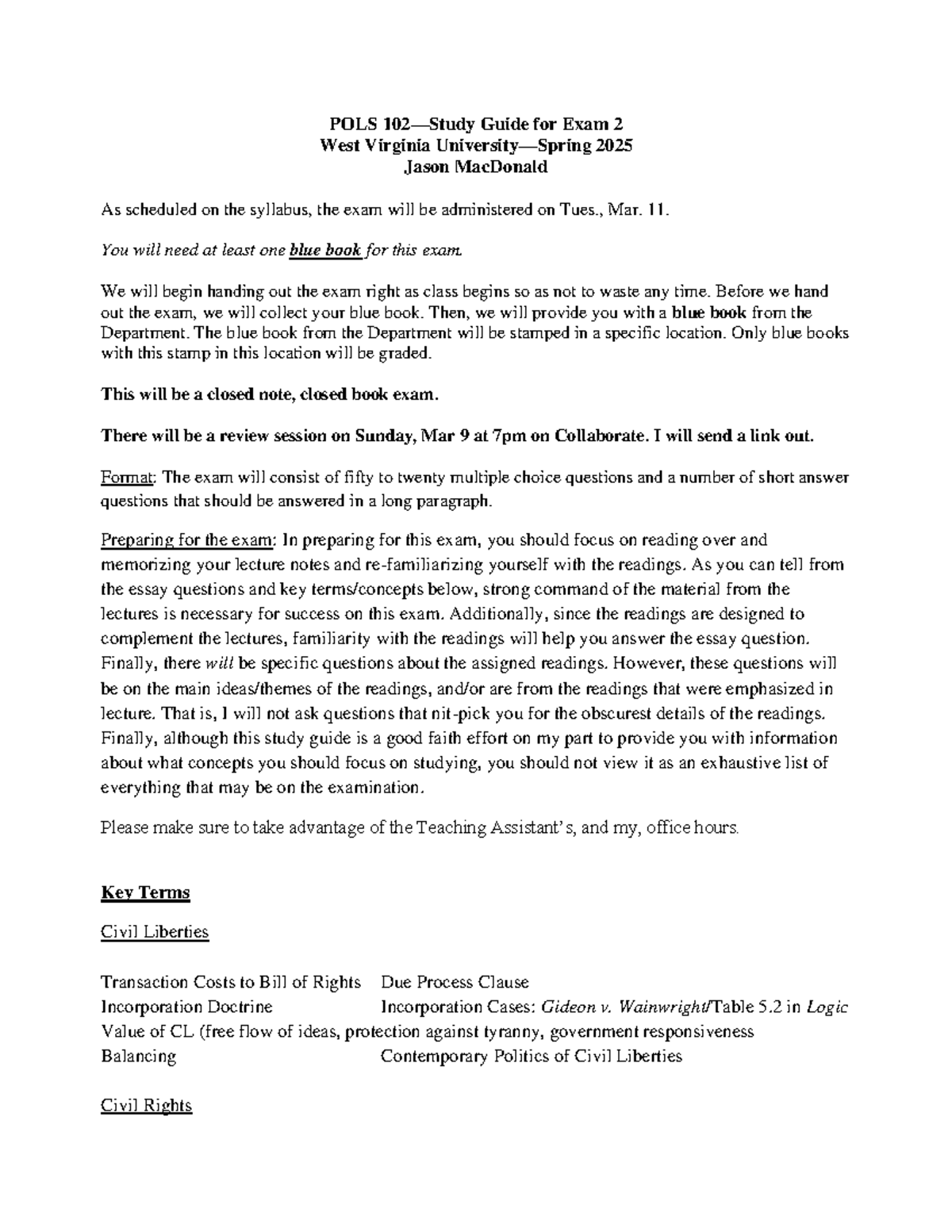 POLS 102—Final Exam Study Guide II for WVU Spring 2025 - Studocu