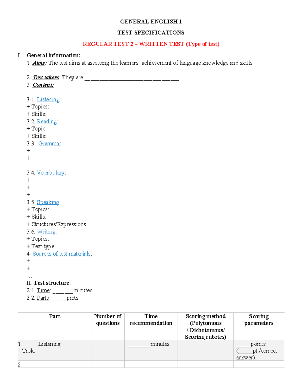Test specification format - GENERAL ENGLISH 1 TEST SPECIFICATIONS ...