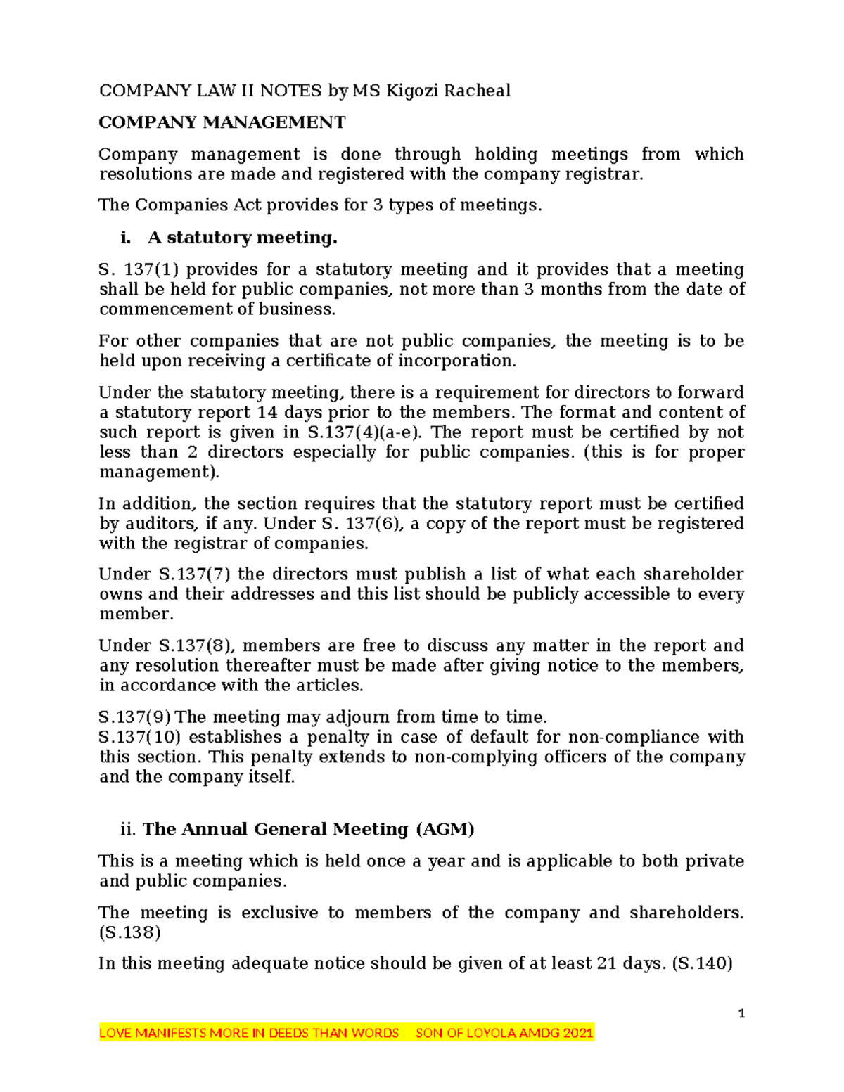 Company LAW 2: Detailed Notes on Company Meetings and Management - Studocu