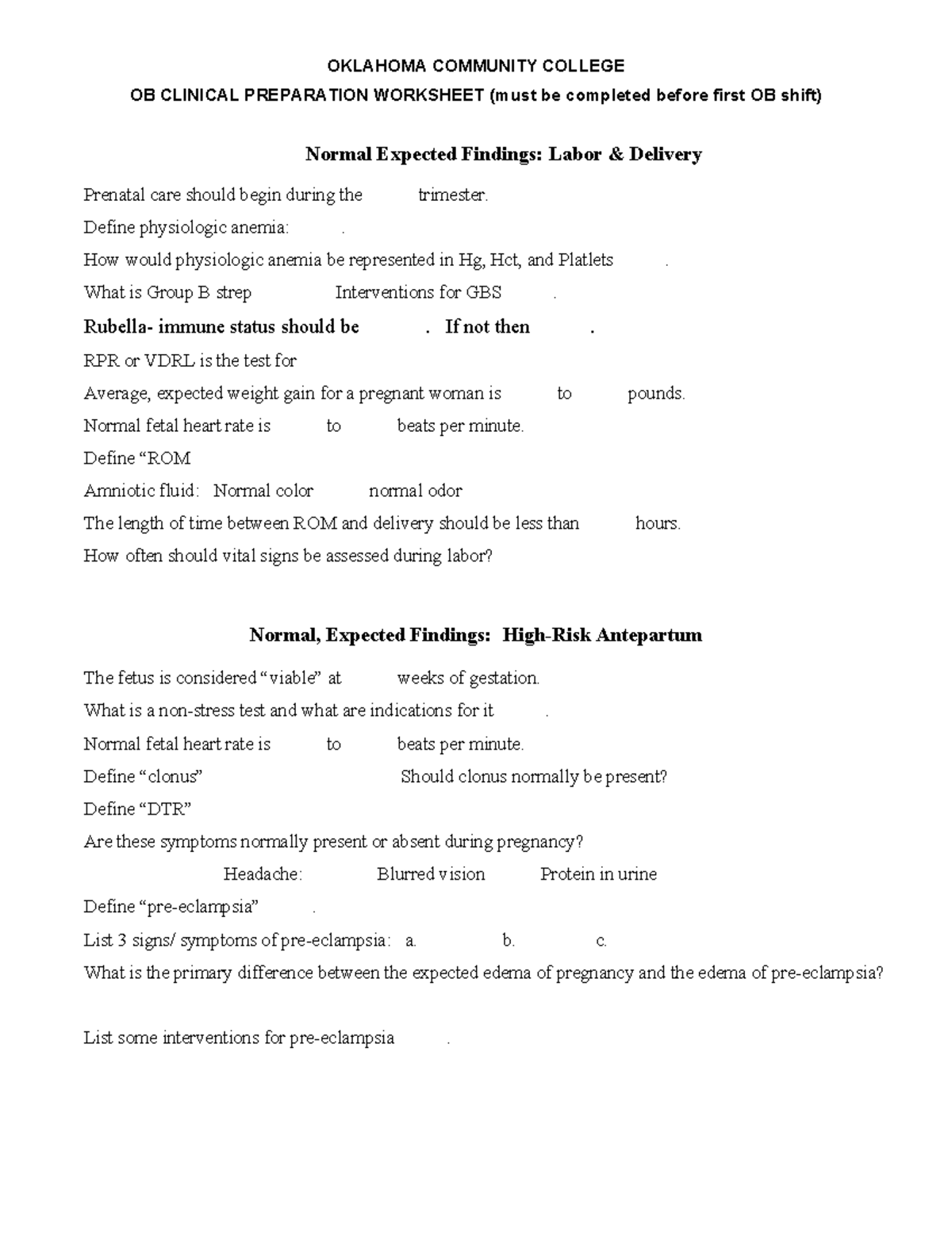 OKLAHOMA COMMUNITY COLLEGE OB CLINICAL PREPARATION WORKSHEET: Expected ...