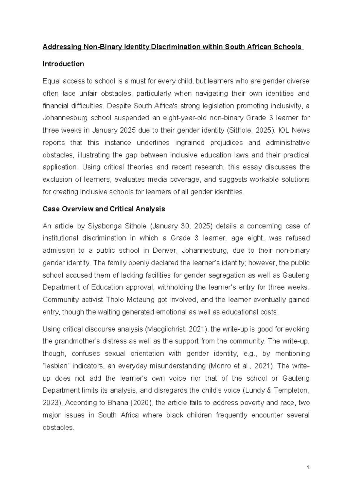 Addressing Identity Discrimination in South African Schools: A Case ...