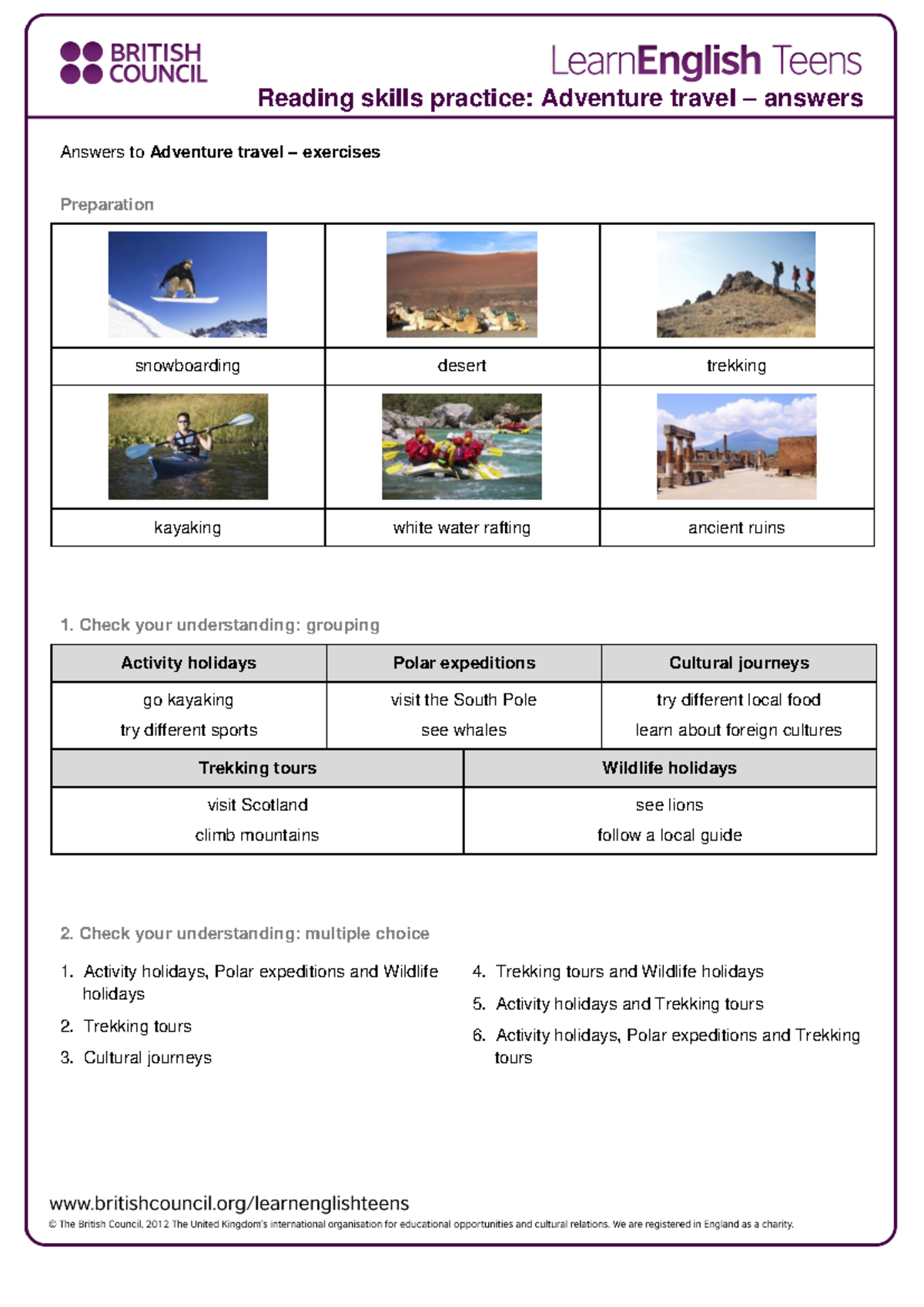 Adventure Travel - Exercise Answers and Understanding Checks - Studocu