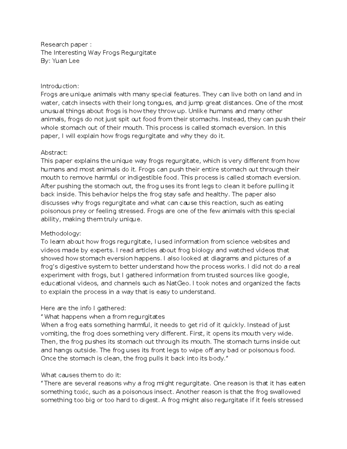 Research Paper: Unique Frog Stomach Eversion Mechanism - Yuan Lee - Studocu