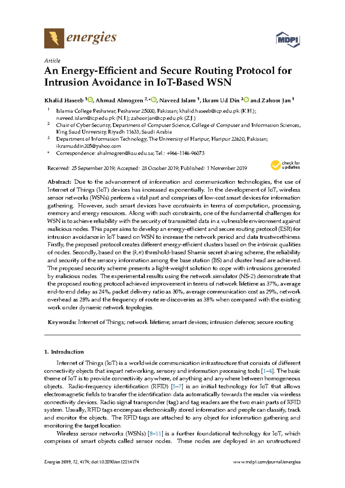 An Energy-Efficient and Secure Routing Protocol for WSNs (ESR) - Studocu