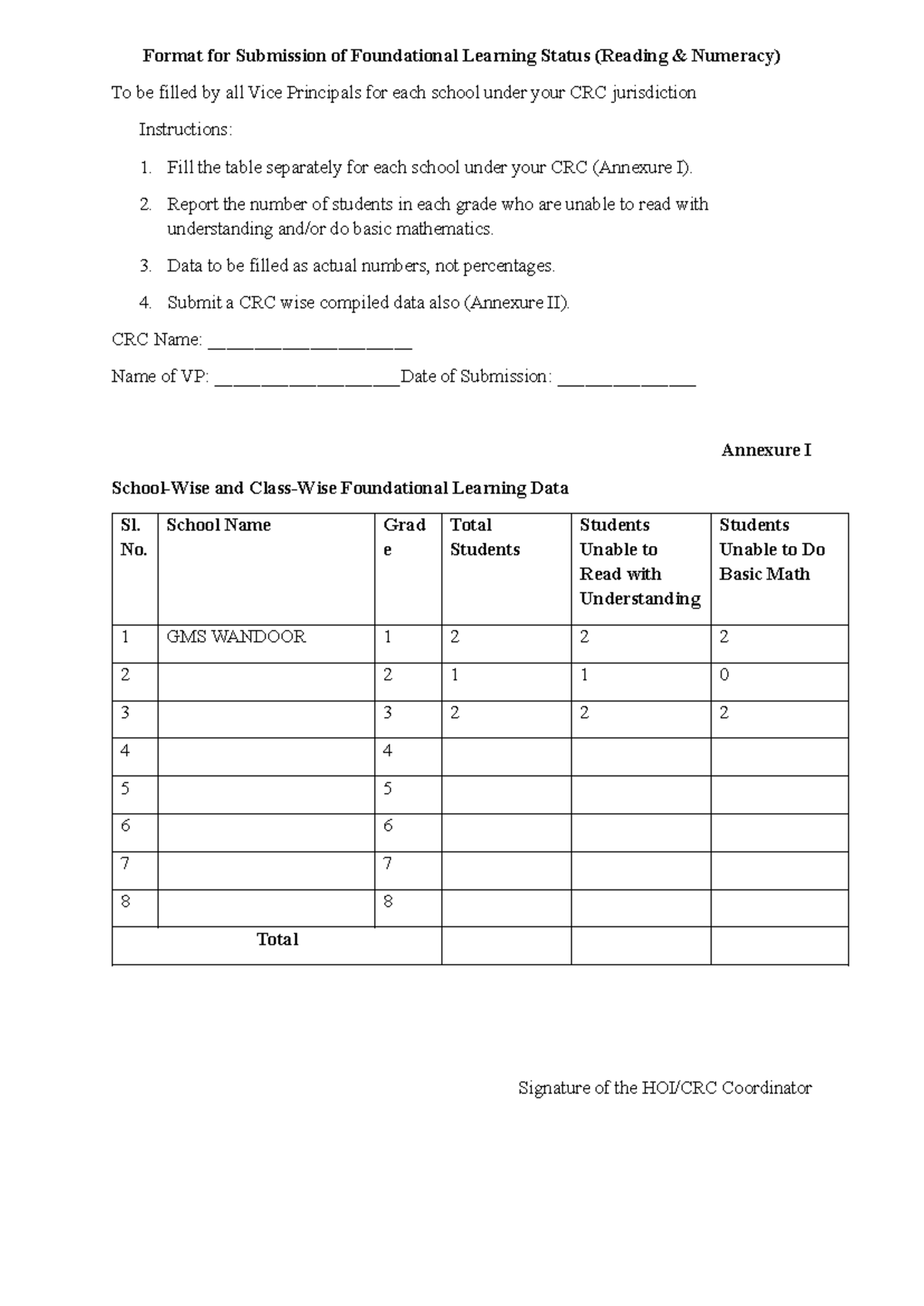 FLN Status Submission Format for VPs - CRC Guidelines - Studocu