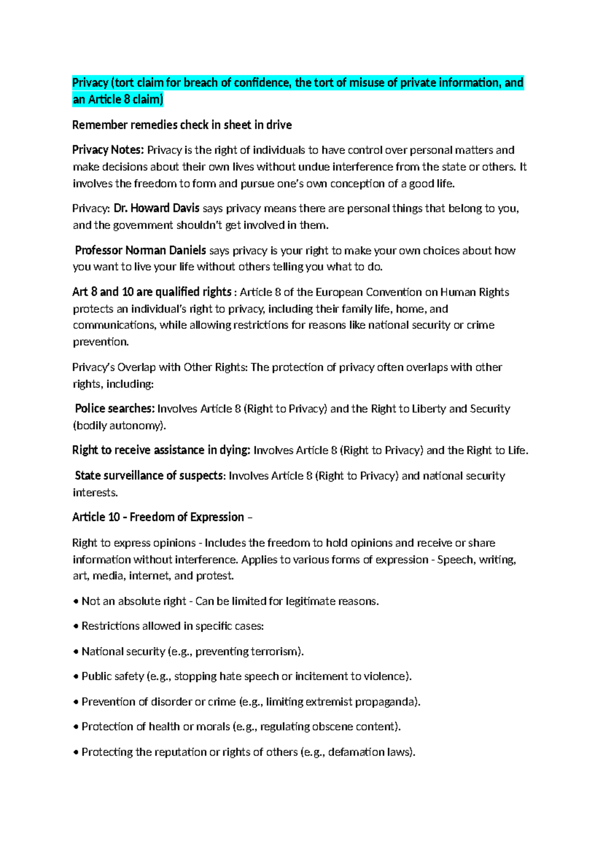Privacy Notes: Tort Claims, Article 8, and Remedies Overview - Studocu