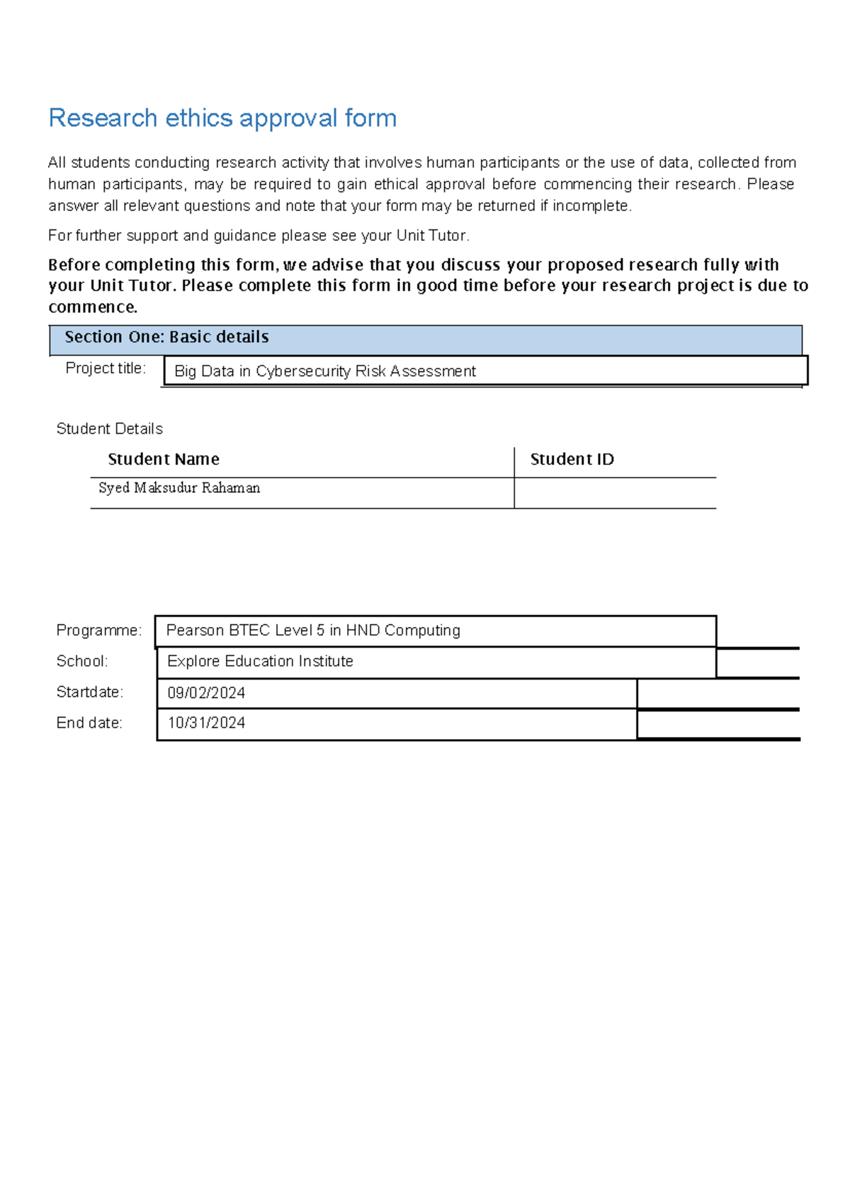 Research Ethics Approval Form for BTEC Level 5 HND Computing - Studocu