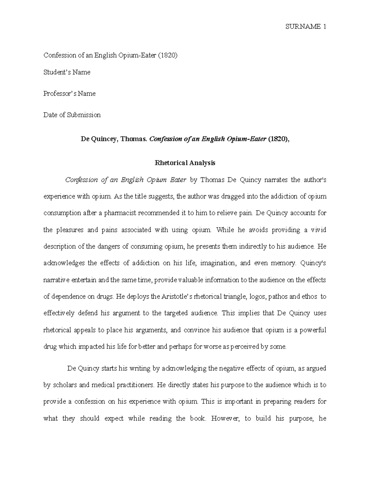 ENG 101: Rhetorical Analysis of De Quincey's Confession of an English ...
