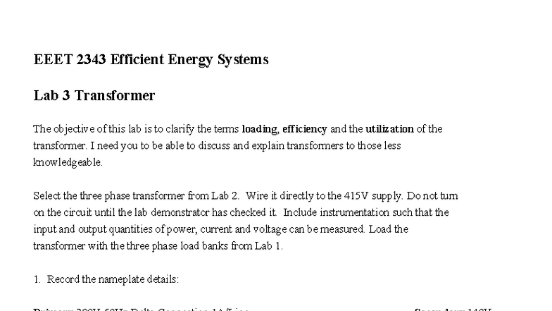 2343 Efficient Energy Systems Lab 3: Transformer Utilization and ...