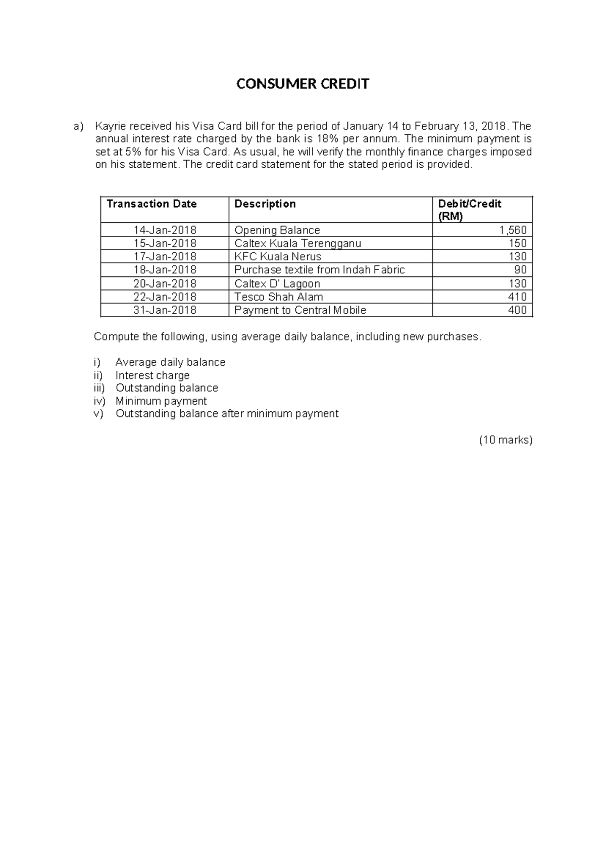 Consumer Credit Example: Visa Card Statement Analysis - Studocu