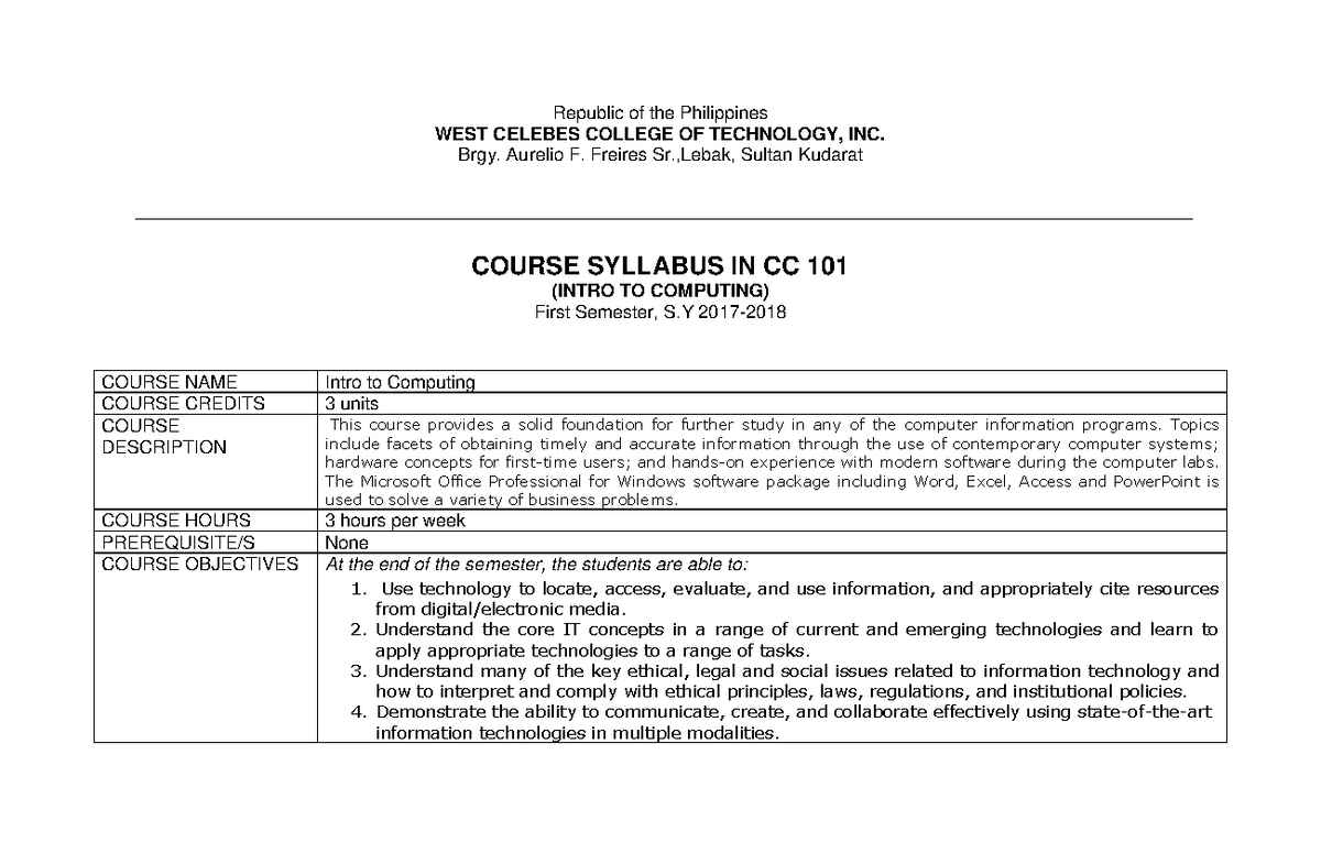 CC 101: Intro to Computing Syllabus - First Semester S.Y. - Studocu