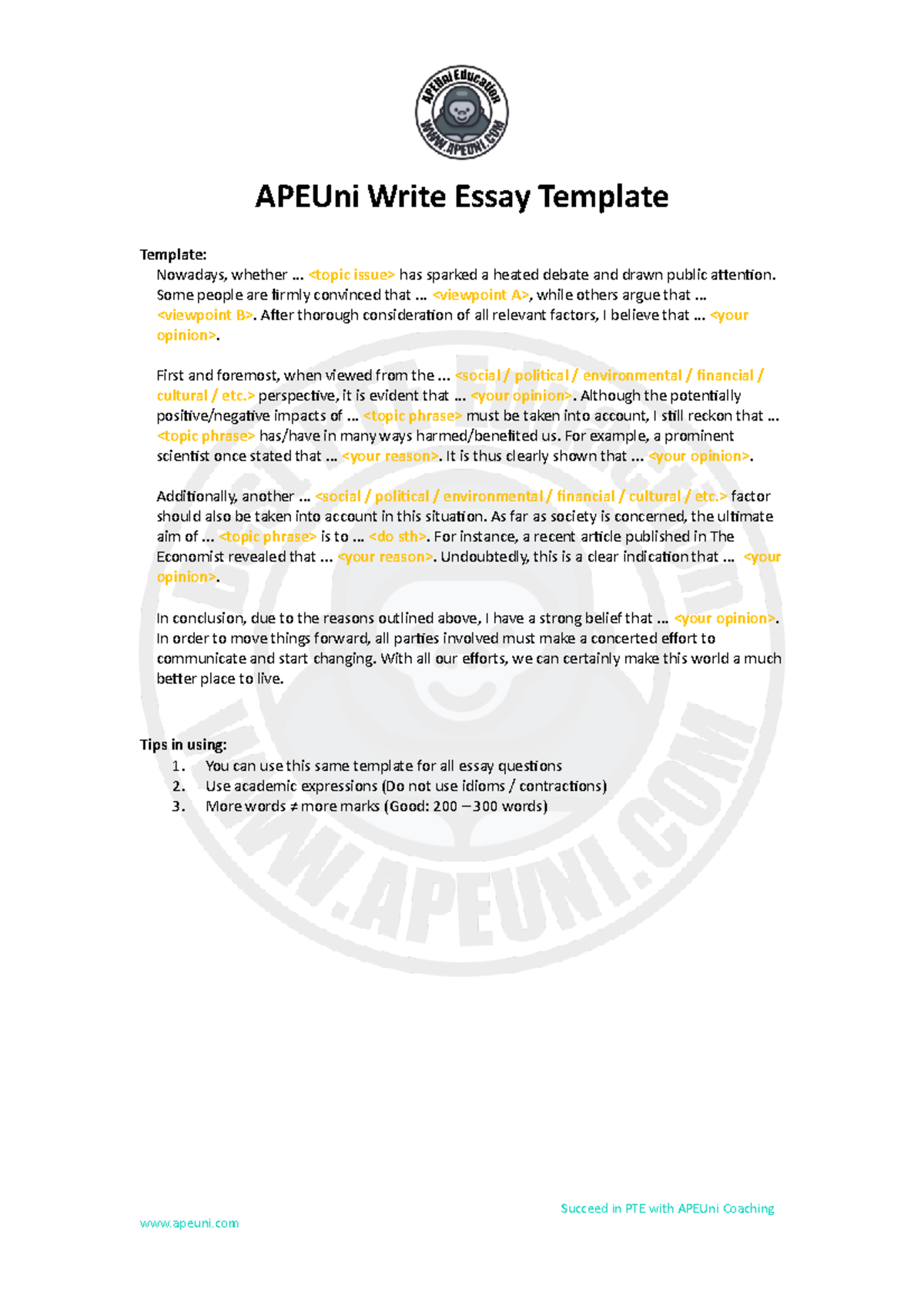 APEUni PTE Coaching: Effective Essay Writing Template - Studocu