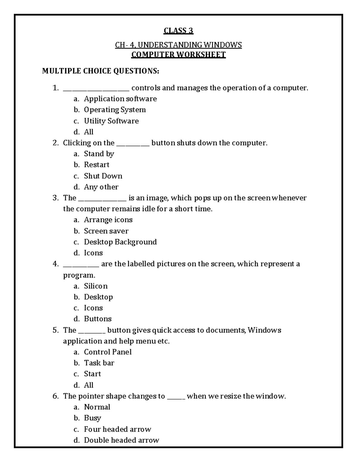 CBSE Class 3 Computer Worksheet: Understanding Windows MCQs - Studocu