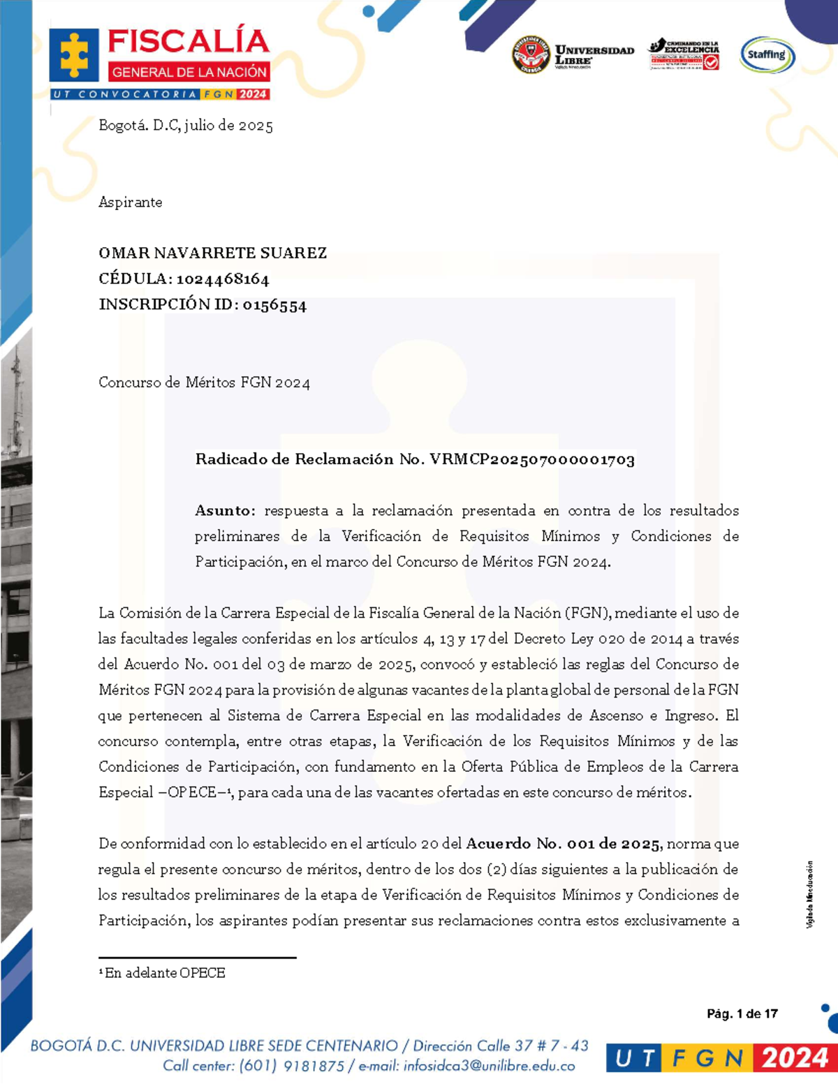 Reclamación de Resultados Preliminares - Concurso de Méritos FGN 2024 ...