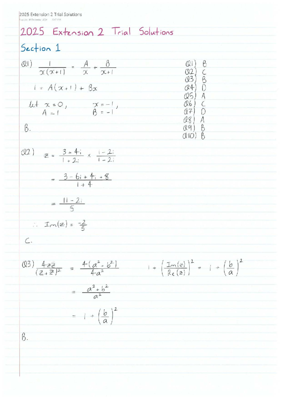 2025 Maths Ext 2 - Caringbah - Trial Solutions - Studocu