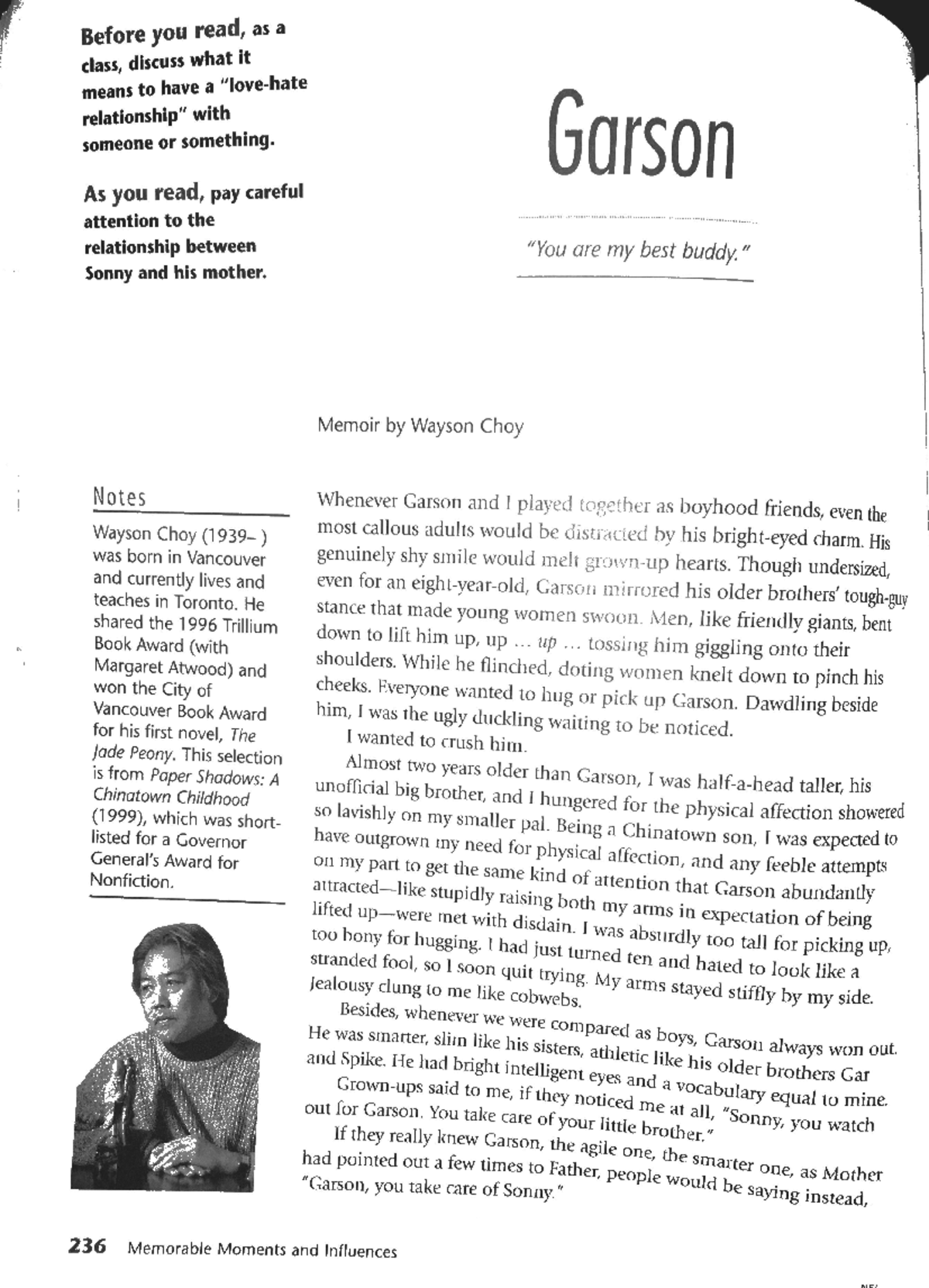 Garson: Memoir Insights from Wayson Choy's Childhood Experiences - Studocu