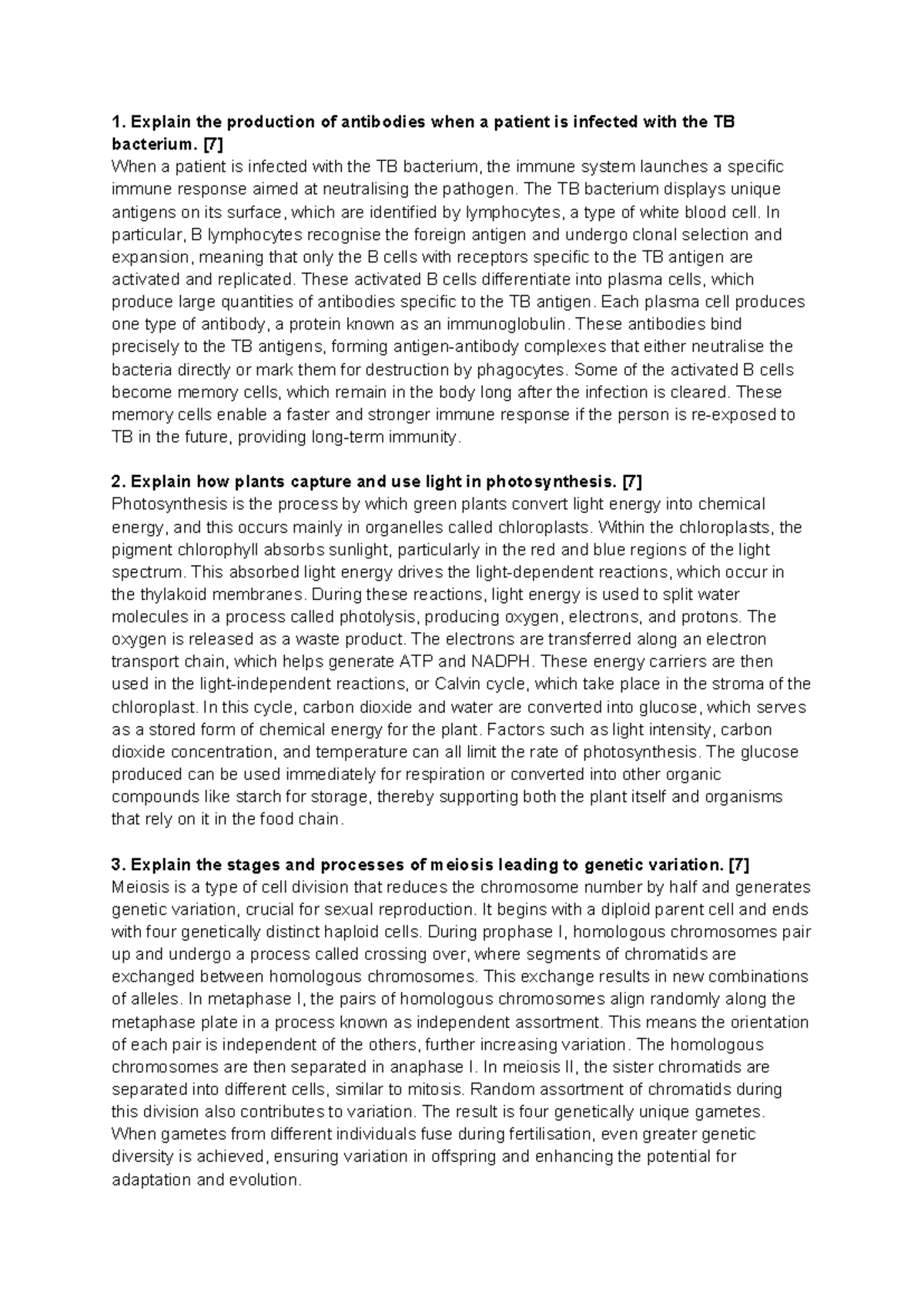IB Biology Exam Questions: Sample Responses and Explanations - Studocu