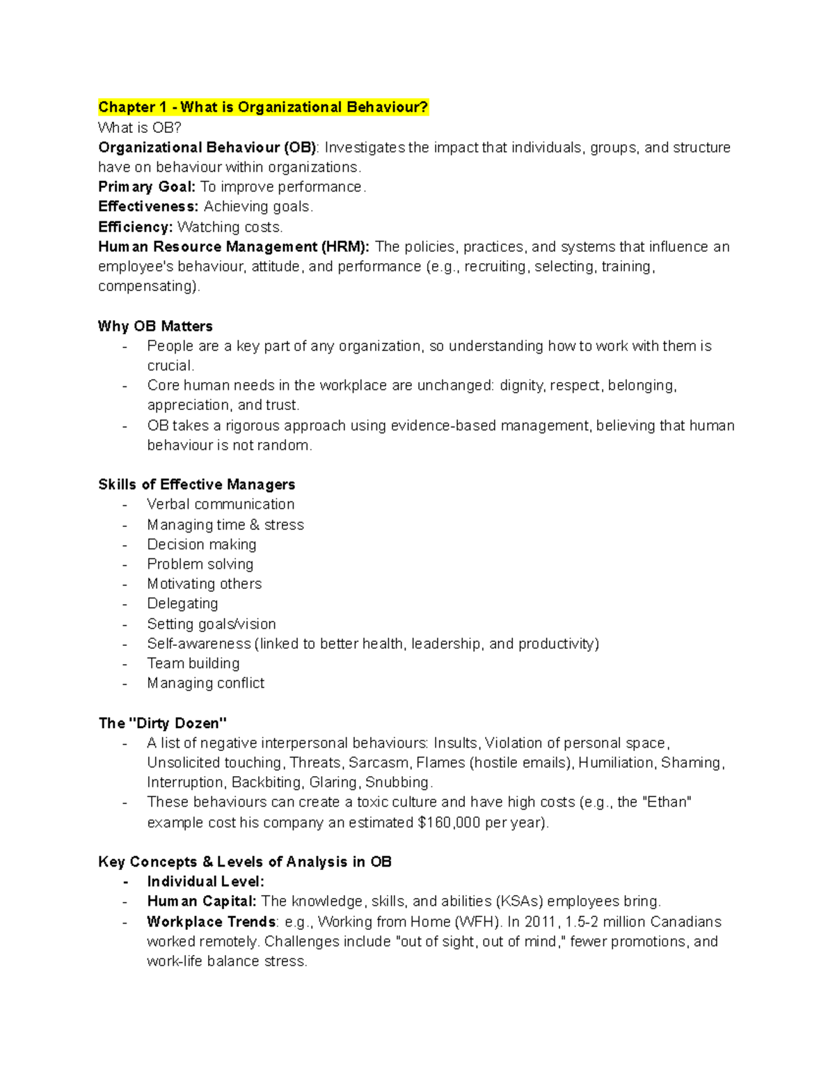 OBHR 101: Chapter 1-3 Organizational Behaviour Insights and Key ...