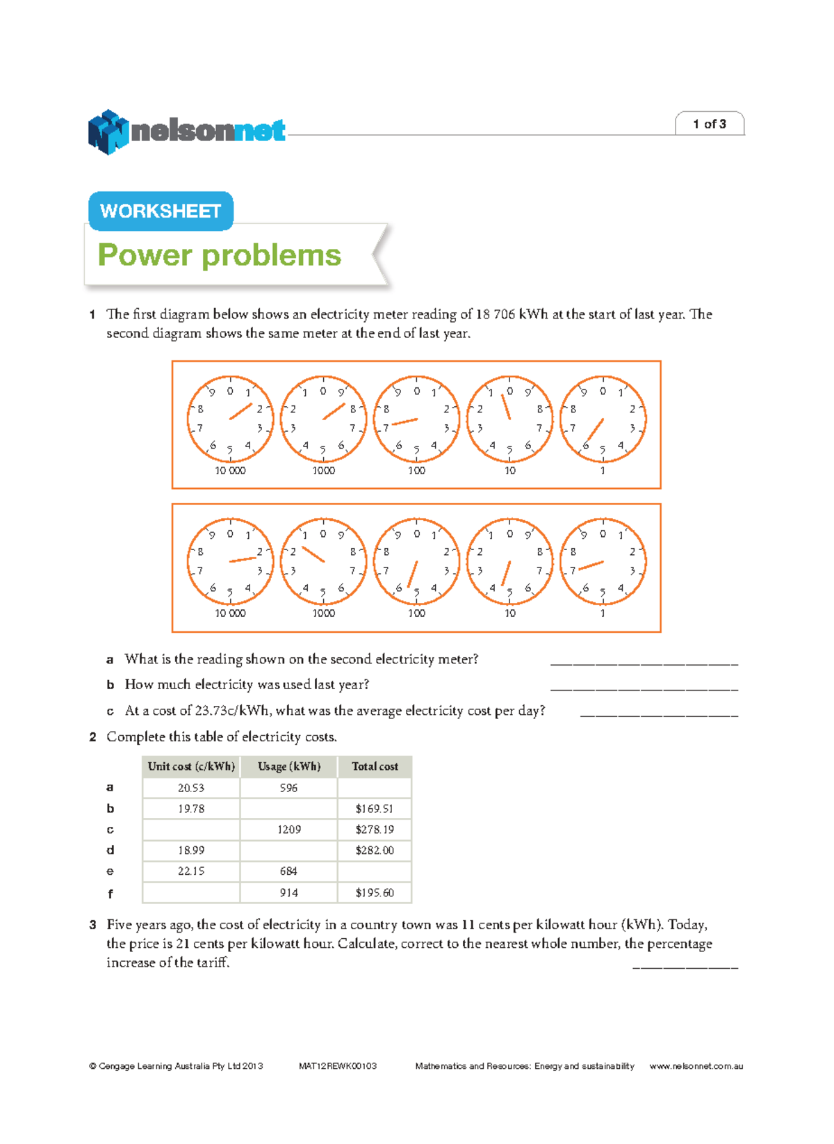 MAT12REWK00103 - Electricity Meter Readings & Cost Calculations - Studocu