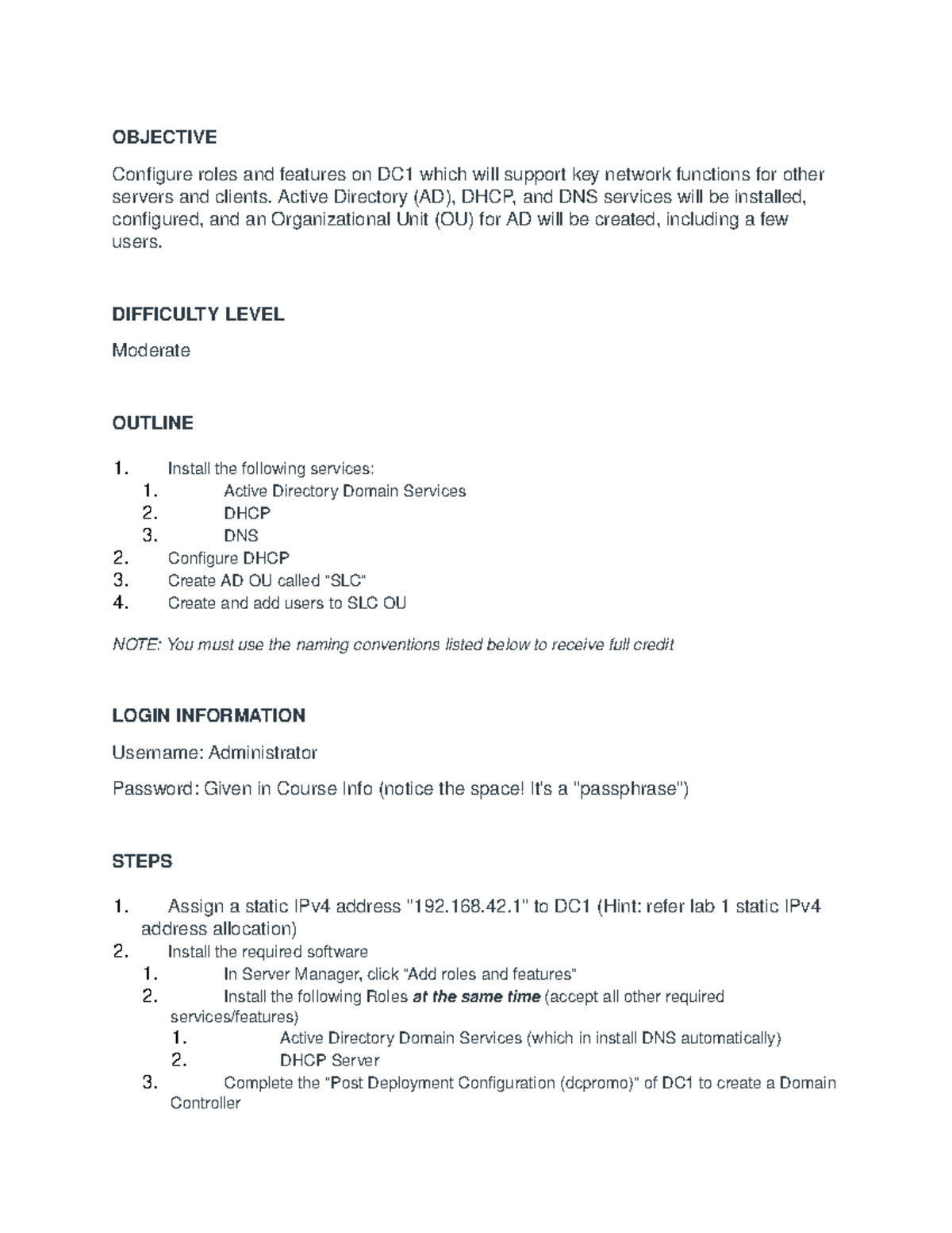 Server Section Lab 2 - OBJECTIVE Configure roles and features on DC1 ...