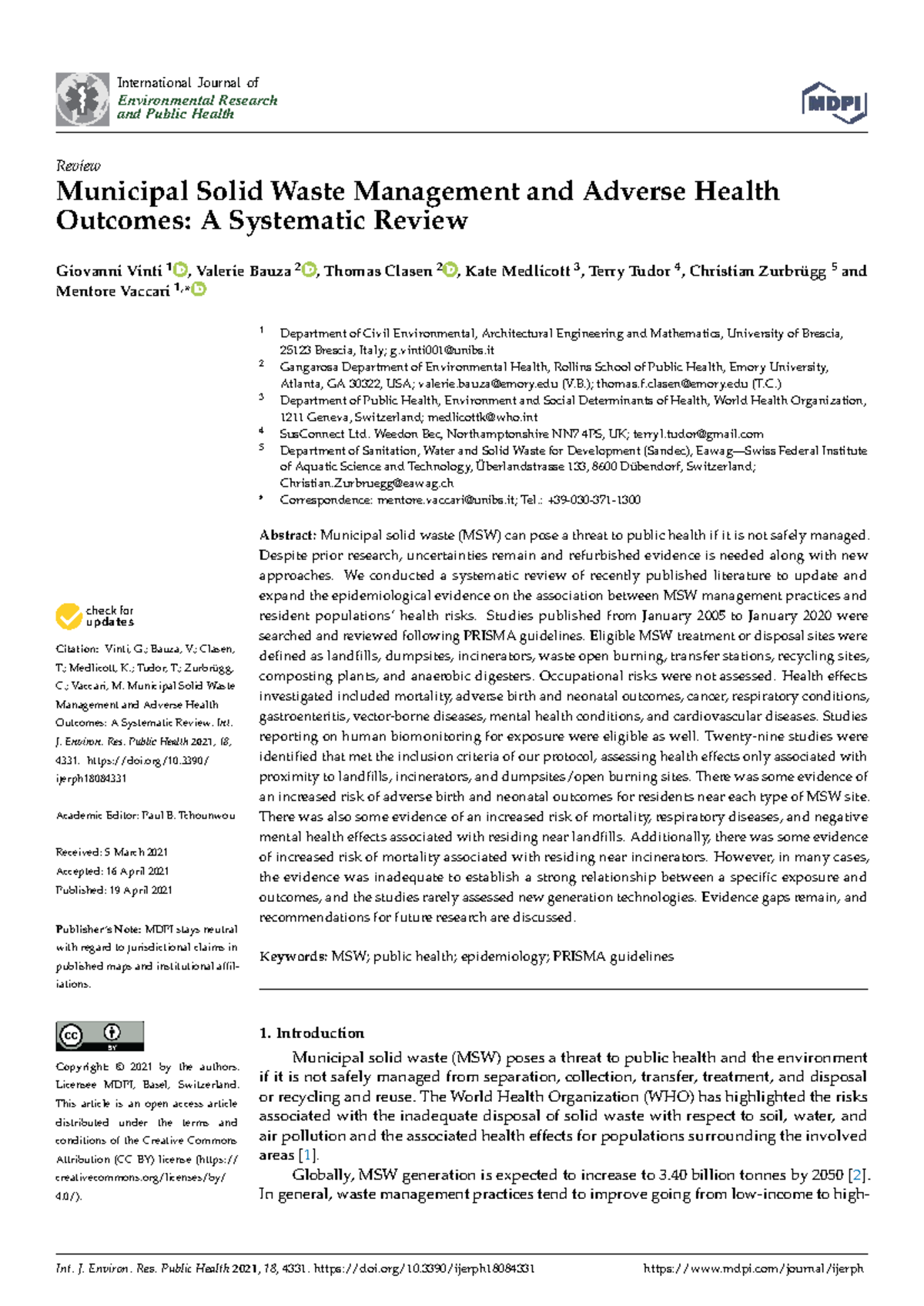 Ijerph 18:4331 - Systematic Review of MSW Management & Health Risks ...