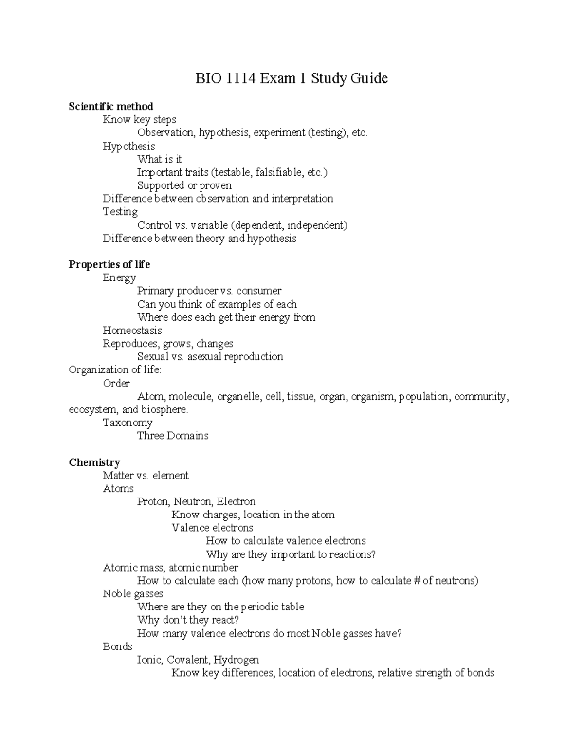 BIO 1114 Exam 1 Comprehensive Study Guide: Key Concepts & Methods - Studocu