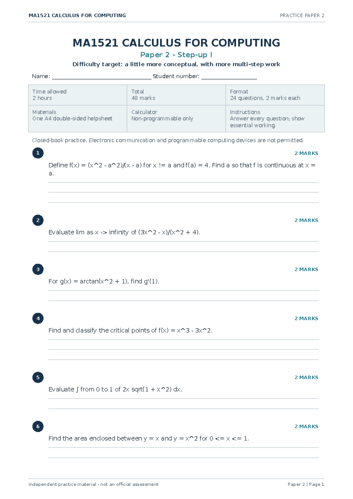 MA1521 CALCULUS FOR COMPUTING PRACTICE PAPER 2 - Studocu