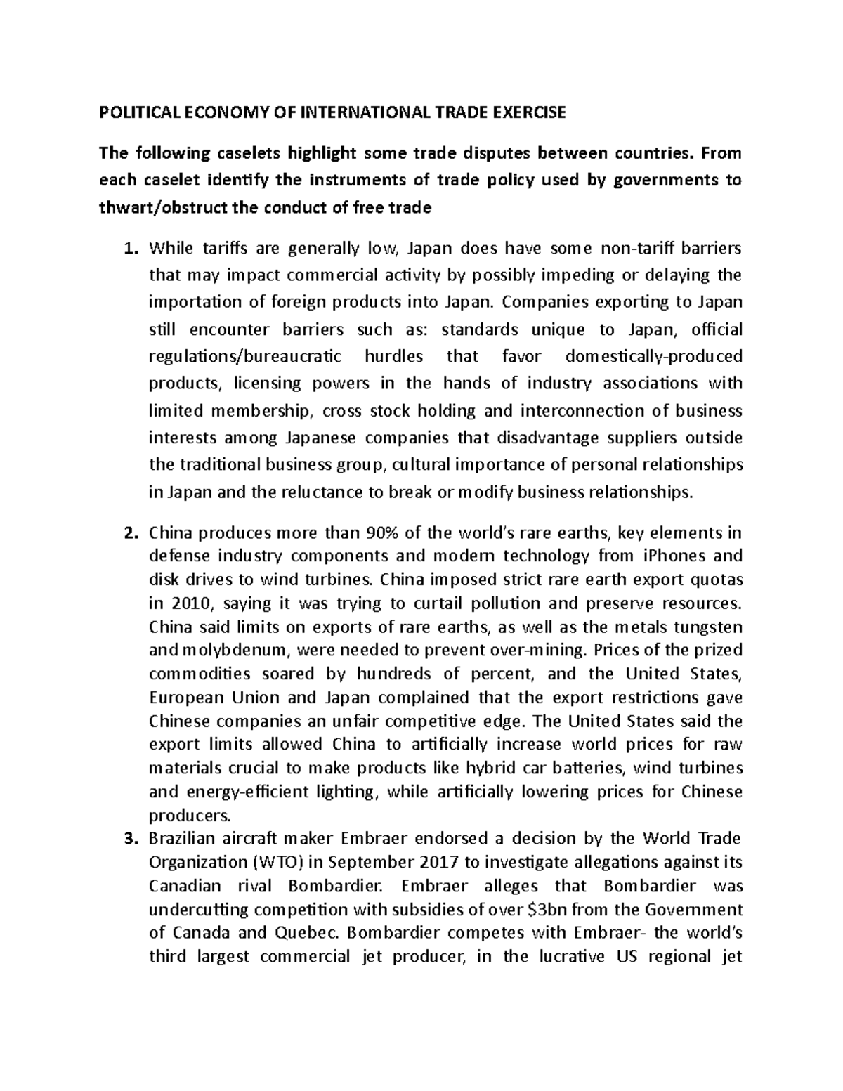 Trade Policy Instruments: International Trade Case Exercises - Studocu