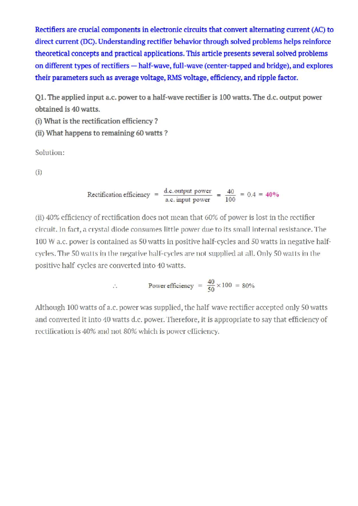 Numericals on Rectifiers: Solved Problems and Analysis - Studocu