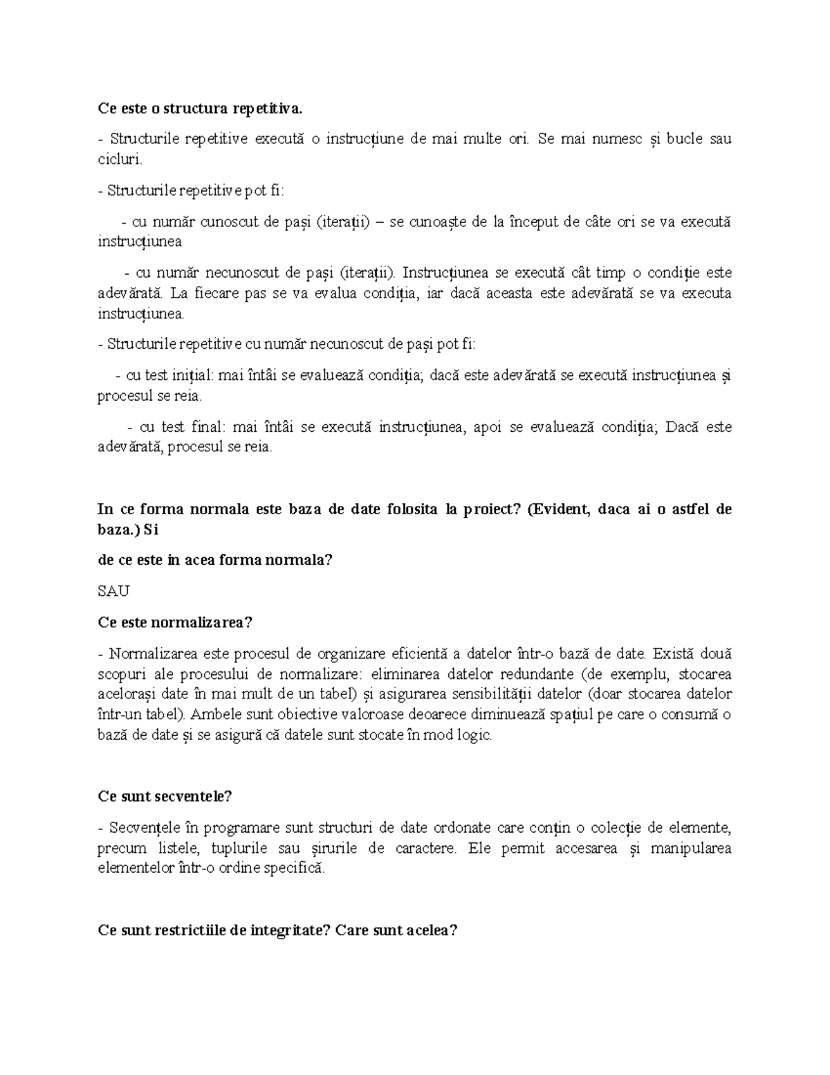 Structuri Repetitive și Normalizare în Baze de Date - Întrebări și ...