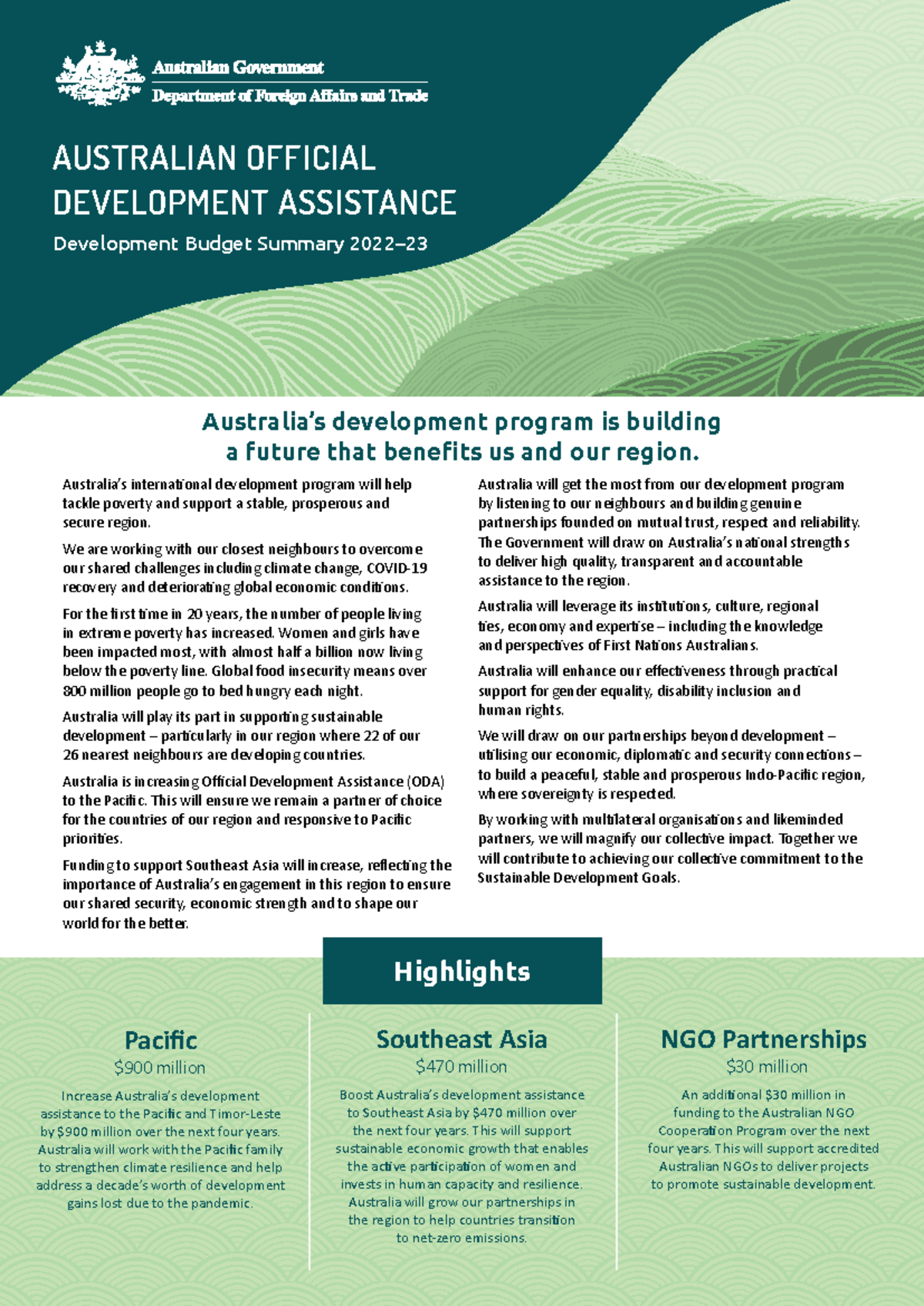 AUSTRALIAN OFFICIAL DEVELOPMENT ASSISTANCE: Budget Summary 2022-23 ...